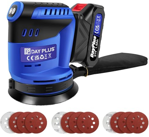 Amoladora orbital aleatoria inalámbrica con batería de 1,5 Ah, 125 mm 3 velocidades 11000 rpm, 12 papeles de lija, lijadora orbital eléctrica para lijar, pulido de metal/madera