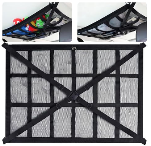 Car Ceiling Cargo Net, 90cm x 65cm Upgraded Anti-Sag Roof Storage Organiser | with Zipper & Adjustable X-Straps, Double Layer Mesh Pocket Interior Accessories for SUV, MPV, Campervan Road Trips
