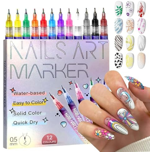 12 Farben Nagellack Stift Set, 3D Nail Art Marker Nagellackstifte für Nägel, DIY Linie Nagelkunst Graffiti Nageldesign Zubehör, Splitterfest, für Frauen und Mädchen