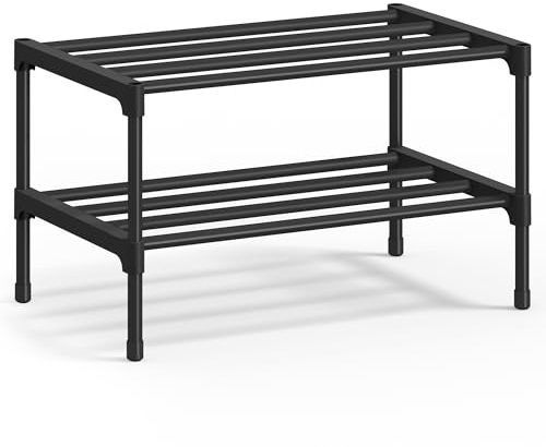 SONGMICS Scarpiera, 2 Ripiani, Scarpiera Ingresso Slim, Organizer per Scarpe, Metallo, Soggiorno Armadio, Impilabile, 30 x 45 x 31 cm, Nero LSA112BH01