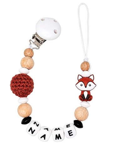 Individuell gestaltetes Babygeschenk personalisiertes Schnullerkette mit Namen für Mädchen oder Junge Baby Geschenk personalisiert zur Geburt & Taufe (Fuchs rotbraun)