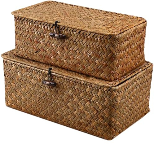 Cesta tejida, 2 cestas de almacenamiento con tapa de 10 x 6 x 4 y 9 5 3 pulgadas, cestas de almacenamiento de pasto marino fijadas con alambre tejidas con cerradura de madera para almacenar decor