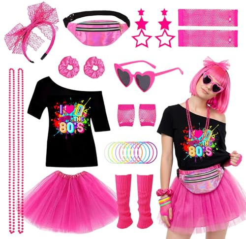 27 pièces accessoires de costume des années 80 - Robe de soirée disco des années 90 - Néon - T-shirt tutu - Bracelet fantaisiste - Ensemble de lunettes - Bracelet - Colliers - Jambes chaudes - Tenue