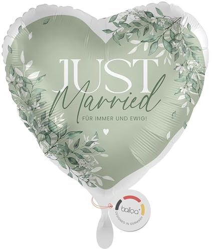 balloa Folienballon Hochzeit Just Married Herz, Helium Ballon Für immer und ewig, Luftballon für Hochzeitsdeko Partydeko, Geschenk zur Hochzeit Brautpaar, Greenery Wedding Deko Feier, 33cm