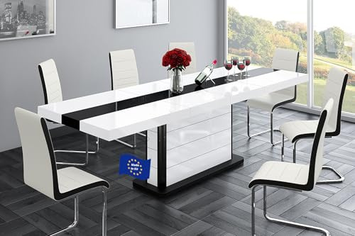 designimpex Design Esstisch HE-555 Weiß - Schwarz Hochglanz ausziehbar 160 cm bis 260 cm Esszimmertisch für bis zu 10 Personen Hochglanz Funktionstisch modern vielseitig Esszimmer erweiterbar zeitlos
