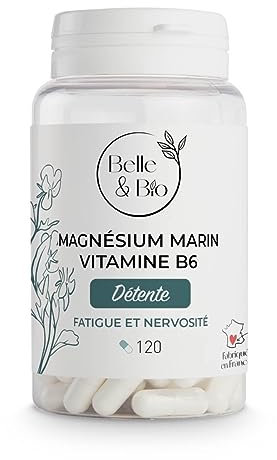RÉDUCTION FATIGUE & DÉTENTE - Magnésium Marin & Vitamine B6-120 gélules - Cure 1 mois - Complément Alimentaire BELLE&BIO - Fabriqué en France