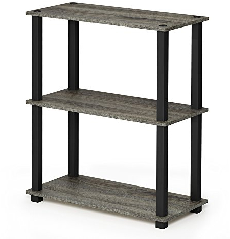 Furinno Compact Regalständer mit 3 Ablageflächen, holz, Französische Eiche Grau/Schwarz, 28.96 x 28.96 x 75.18 cm, Vierkantrohr