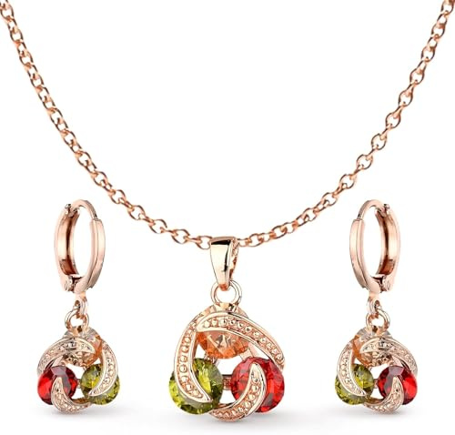 Crystalline Azuria Mujer 18ct Chapado en Oro Rosa Multi Colorido Redondo Zirconia Juego de joyas Collar Pendientes