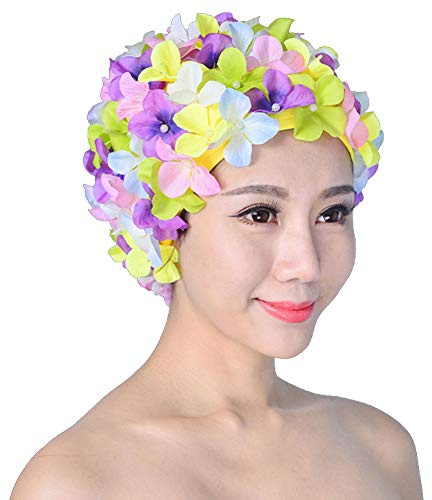 Women Swimming Cap, Retro Breathable Swim Caps with Flowers - Petal Bathing Cap(Multicolor)