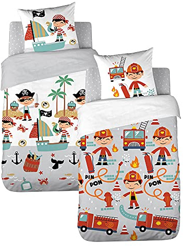 CÔTE Deco Kinder Bettwäsche Wendbar Feuerwehrmann und Pirat, Bettbezug 140 x 200 cm + 1 Kissenbezug 63 x 63 cm, 100% Bio-Baumwolle | 1 Bettbezug für Kinder, 140 x 200 cm + 1 Kissenbezug 63 x 63 cm, Bio-Baumwolle