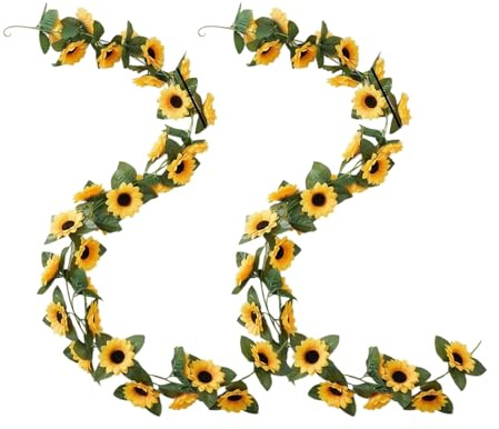 Künstliche Sonnenblumengirlande, Seide, Sonnenblumen, Ranken, gelbe Blumen, grüne Blätter, Stoff, Blumenkopf, künstliche Sonnenblumen für Hochzeit, Tisch, Babyparty, Party, Garten, Dekoration, 2 Stück