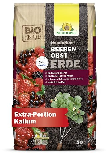 Neudorff NeudoHum BeerenobstErde – Torffreie Bio-Erde mit extra Kalium für eine reiche Ernte mit leckeren Beeren im Beet, Topf und Kübel, 20 Liter