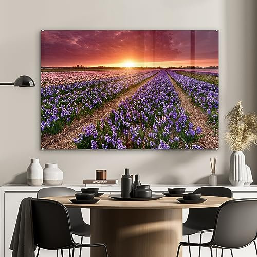 MuchoWow Glasbild Glasfoto Wandbild Bilder Deko 90x60 cm Hyazinthen in der niederländischen Landschaft