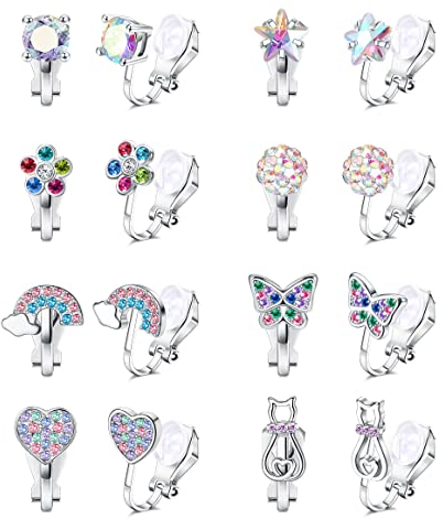 CASSIECA 8 Paar Ohrclips Kinder Mädchen Clip on Ohrringe Ohne Ohrloch Herz Stern Blumen Regenbogen Schildkröte Zirkon Hypoallergene Ohrclips Damen Ohne Ohrlöcher