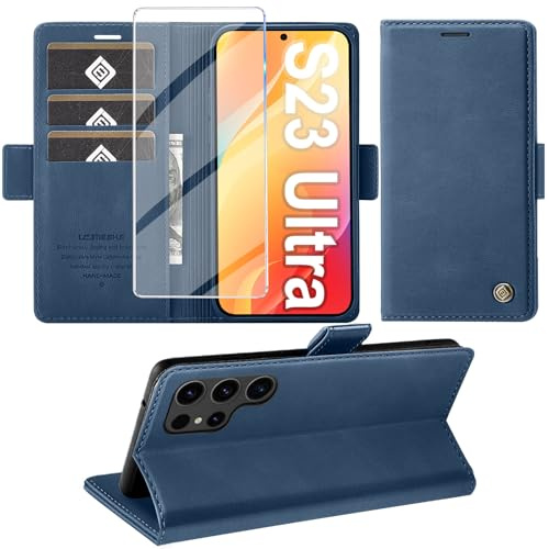Handyhülle für Samsung Galaxy S23 Ultra 5G Hülle mit Schutzfolie, Standfunktion Kartenfach Wallet Premium Leder Schutzhülle S23 Ultra Flip Case Cover Stoßfeste Klapphülle S23 Ultra 6.8 Zoll (Blau)