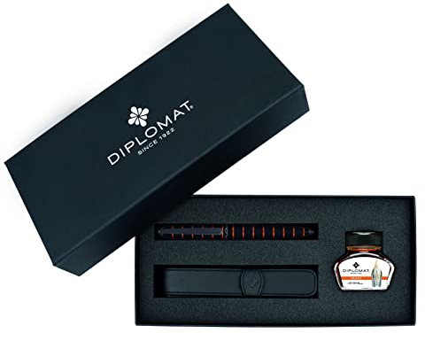 DIPLOMAT - Geschenkset Füllfederhalter Elox Ring - Schwarz & Orange - 1 Füllhalter + 1 Tintenfass mit orangefarbener Tinte + 1 Lederetui - 5 Jahre Garantie