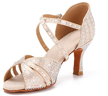 Syrads Femmes Chaussures de Danse Latine Professionnelles Bout Ouvert Salsa Bachata Chaussures de Danse Paillettes Strass Salsa Talons de Danse Latine,Couleur Claire 7.5cm Heel,38 EU