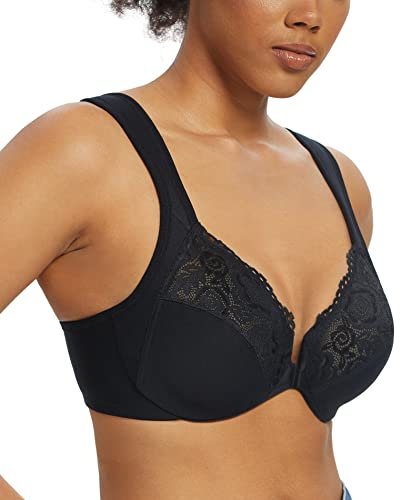 Lemorosy Wide Strap Front Closure Bra Lace Full Figure Underwire(Black Wide Strap,40F)