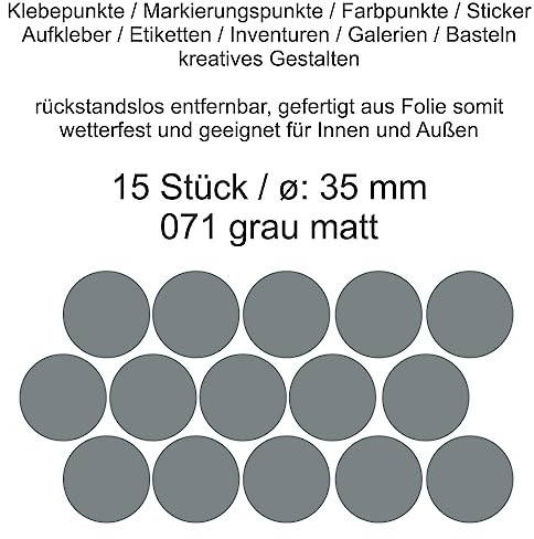 Aufkleber Etiketten Klebepunkte aus Folie 15 Stück grau matt rund 35 mm selbstklebend farbig wetterfest Decal Markierungen Organisieren DIY basteln verzieren Modellbau Scrapbooking