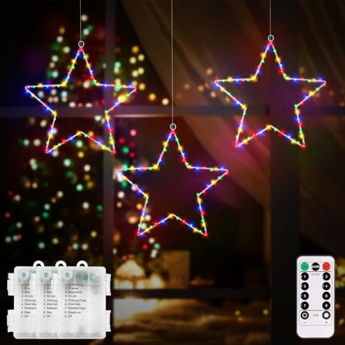 CCILAND 3 Stück LED Stern Weihnachtsbeleuchtung Fenster mit Timer | 180 LED Sterne Fensterbeleuchtung Batteriebetrieben 8 Modi Fenster Sterne Lichterkette für Weihnachten Deko-Mehrfarbig