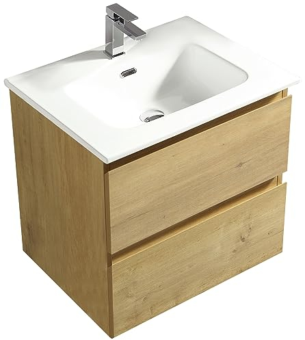 Alpenberger Waschbecken mit Unterschrank 60 cm Breit Eiche Natur | Aufsatzwaschbecken Waschbeckenunterschrank Waschplätze | Waschtisch Gäste WC Möbel Set | Waschtischunterschrank Hängend