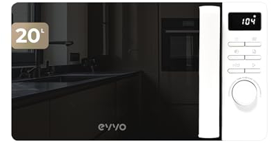 EVVO Microondas M20 White, 20L de Capacidad, Grill 800W, Puerta Efecto Espejo, Multifunción, Función Descongelar, Temporizador 60 Minutos,Display Digital (Acabado Blanco)