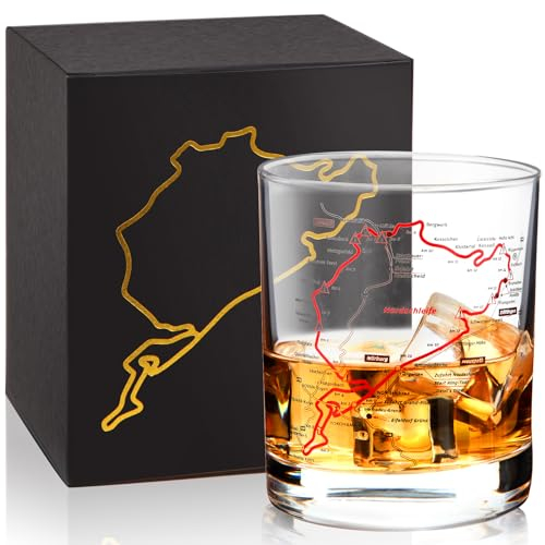LeKuni Bicchieri Whisky Con Nürburgring - Bicchieri Acqua Vetro Da 300ml Per Vodka, Rum, Bourbon, Gin Tonic, Amaro, Cocktail - Bicchieri Whisky Particolari