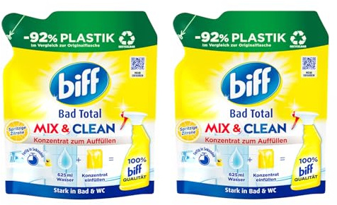 Biff Bad Total Mix & Clean Spritzige Zitrone Badreiniger (2x 125 ml), Bad Reiniger gegen Kalk & Schmutz, Konzentrat zum Auffüllen mit 92% weniger Plastik, recycelbar