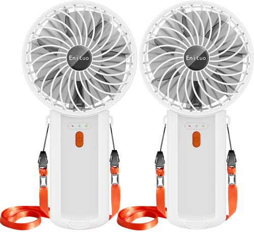 2 Pack Portable Fan Handheld Fan with Neck Lanyard, Battery Operated Electric Powered USB Rechargeable Fans, 6-15H Cooling, 180° Foldable 4 Quiet Speeds Mini Fans for Travel Outdoor Home Office, White