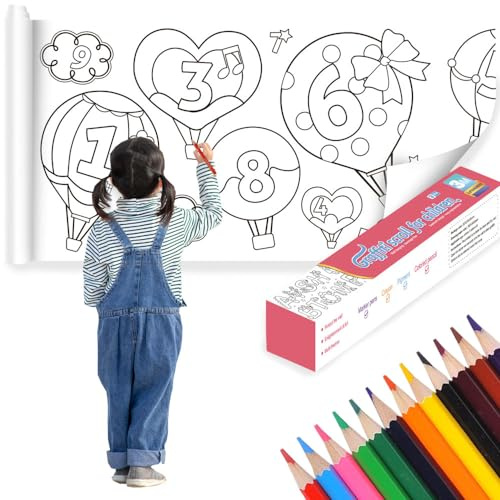 30CM * 3M Kinder Malrolle Ausmalen, DIY Ausmalrolle, Zeichenpapier Rolle, Selbstklebend, Schneidbare, mit 12 Buntstiften, für Jungen, Mädchen, Schule, Geburtstagsgeschenke (digitales Muster)