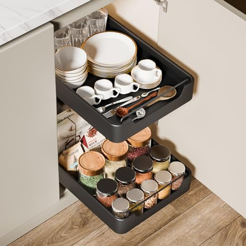 Avmvnvc Teleskopschublade, Ausziehbare Schublade Küche, Ausziehbarer Schrank Organizer Kein Bohren, 1 stück Schrank Schubladen für Küchenschrank, Slide Out Drawer 30CM, Schrankauszug Küche, Schwarz