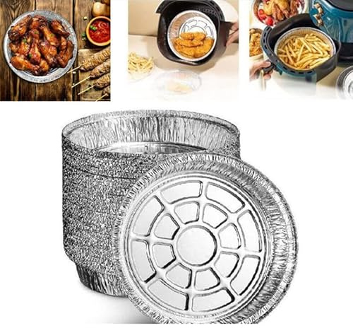 hardinox 50Pcs Round Foil Trays, 7 Inch Tin Foil Dishes Disposable Foil Plate Container Air Fryer Liners Aluminum Foil Round Tin Foil Pans for Party Baking Roasting Cooking (7inch)