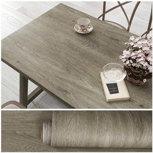 VEELIKE Papier Peint Effet Bois Chêne Taupe Vintage Papier Peint Imitation Bois Gris Vinyle Adhesif Papier Collant pour Meuble Cuisine Armoires Table Salle de Bain Lavable Amovible 40cm×300cm