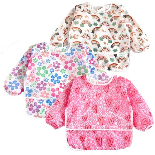 PandaEar 3 Pack Waterproof Long Sleeve Baby Bibs for Eating & Messy Play, Toddler Smock with Food Catcher Pocket, Lightweight Reusable Feeding Apron for Infant 6-36 Months (Pink)
