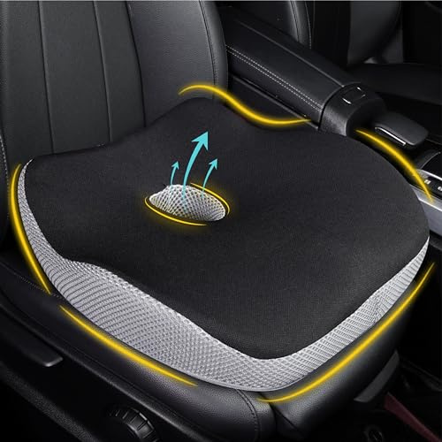 Car Seat Cushion, Ergonomic Memory Foam Butt Cushion for Sciatica Pain Relief, Adult Booster Seat for Short People, Car Pillow for Driving, Truck, Office, Wheelchair - Black&Gray