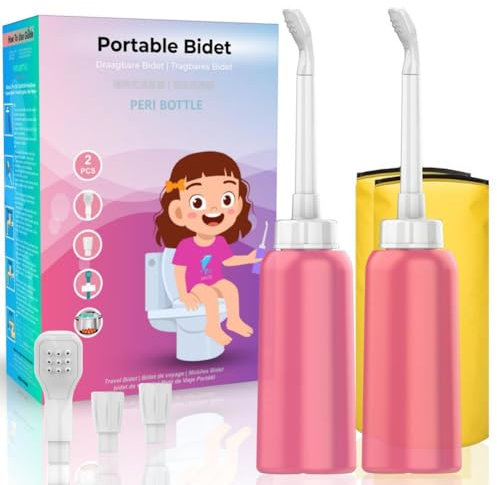 Dazzluxe Bidet Portatile da 2 Pezzi con 2 Ugelli + Tubo Scalabile, Bidet da Viaggio Personale Portatile da 17 Oz, Bottiglia Perineale Capovolta per Il Campeggio in Viaggio Cura Femminile,Style b