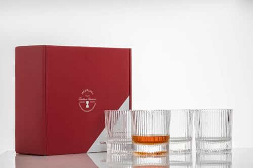 derrison Whiskey Glasses Set: 10oz Artisan Heavy Base Old Fashioned Glasses, Lead-Free Crystal, Solid and Heavy Duty Rock Glass with Elegant Base for Scotch and Cocktails, Set of 4 (Ribs)