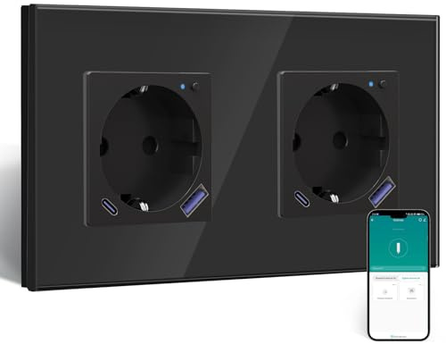 BSEED ZigBee Steckdose mit USB C 20W Schnellladegerät mit Verbrauchsmessung,Smart Doppelsteckdose Unterputz für Alexa,Smart Wandsteckdose mit Strommessung 16A,2 Fach Schwarz(Gateway Hub Bedarf)