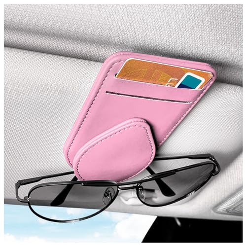 GTLM Magnetisch Brillenhalter für Auto,Leder Sonnenbrillenhalter Auto mit 2 Kartenfächern,Vielseitig Einsetzbar Auto Zubehör Innenraum für Die Aufbewahrung von Sonnenbrillen,Karten (Rosa)
