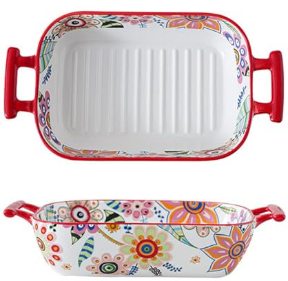 SSWH Fuente de cerámica para hornear, sartén para lasaña de gres pintada a mano, platos para cazuela para cocinar en la cocina y uso diario, apto para horno, microondas,(Size:25.3×14×5.5cm,Color:Rojo)