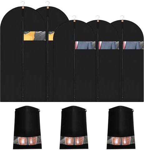 GOTRUST 5pcs Kleidersack Kleiderhüllen Schwarz mit Reißverschluss, Kleidersäcke Lang, Mottensicher Anzugtasche Schutzhülle mit 3 Schuhbeutel für Anzug Kleider Mäntel Abendkleider 100cm + 120cm