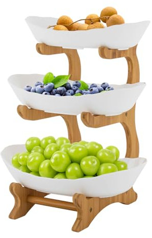JUDEMII Présentoir à fruits, blanc, en céramique, à 3 étages, en porcelaine avec support en bambou naturel, pour décoration de cuisine, légumes, fruits, collations