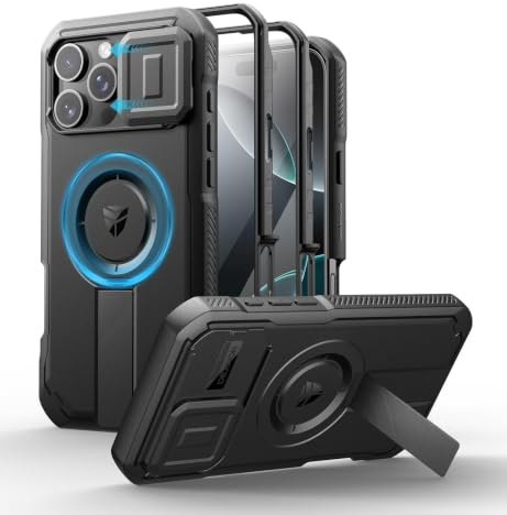 Dexnor Cover Magnetica per iPhone 16 Pro Max con Copertura Della Fotocamera Scorrevole & Cavalletto Regolabile & Protezione Dello Schermo Integrata, Heavy Duty Robuste Antiurto Custodie - Nero