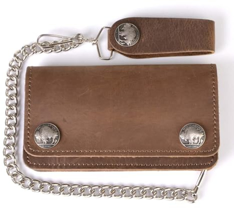 Milwaukee Leather Men's Genuine Leather Bi-Fold Biker Wallets w/Anti-Theft Stainless Steel Chain, Brown Buffalo Coin, 6 inch, Milwaukee Leather Bi-fold Biker Wallets