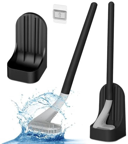 Qaestuan Brosse de toilette de golf, manche long, brosses de salle de bain, en silicone, nettoyage en profondeur à 360°, pour le nettoyage de salle de bain ou les toilettes (Noir)