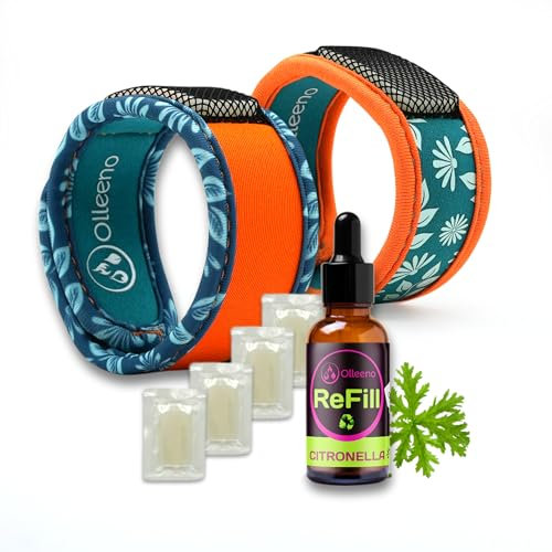 OLLEENO® Mückenschutz Armband Moskito Insektenschutz Armbänder für Outdoor Camping Wandern Sport Anti Mückenarmband Neopren mit verstellbarem Klettverschluß (2 Stück + 4 Pellets + 20ml Nachfüllöl)