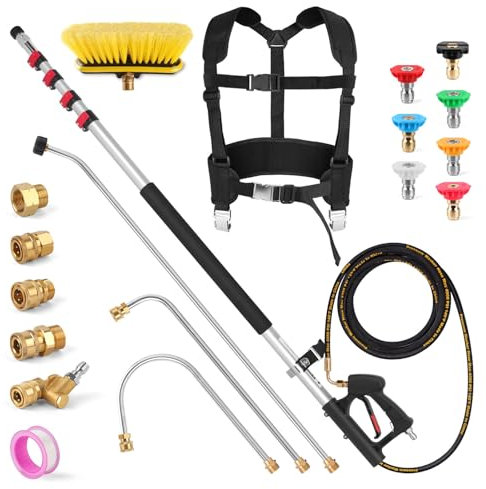 24FT Telescoping Pressure Washer Wand,roof Cleaning Equipment, Gutter Cleaning Tools with Washer Extension Pole Attachment, Metal Support Belt,4 Adapters, 7 Spray Nozzles