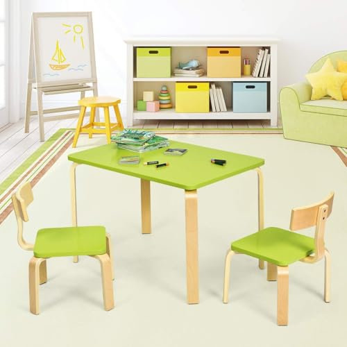 FANTASK 3-teilige Kindersitzgruppe aus Holz, Kindertisch mit 2 Stühlen in Grün, Kindermöbel-Set, Kindertischgruppe für Arbeitszimmer und Kinderzimmer