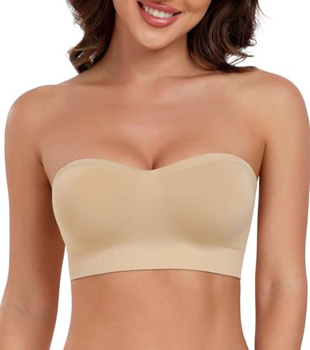 Lemorosy Women's Strapless Bra Padded Wirefree Seamless Adjustable Supportive Bandeau Tube Bra(Beige,M)
