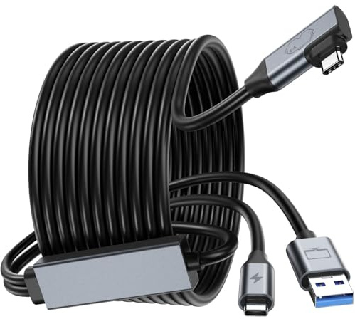 GlasFlength Länkkabel med laddningsfunktion, 5 m USB-C-kabel med USB 3.0-adapter 5 Gbit/s dataöverföring laddning medan du spelar kompatibel med Quest 1/2/3, Quest Pro, Pico 4, VR-headset, Steam VR
